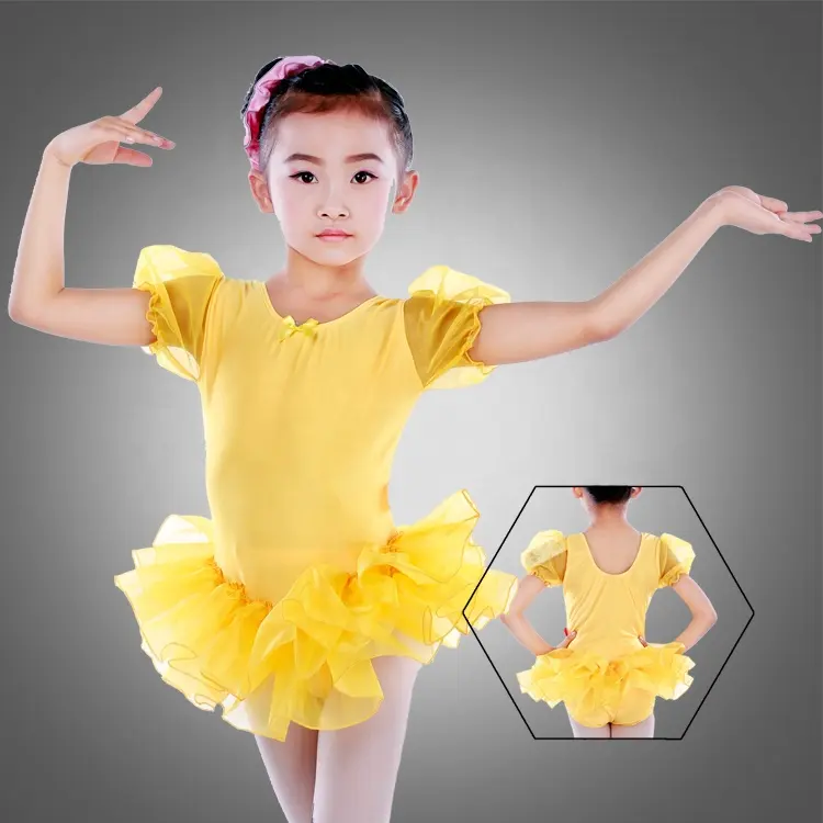 Grosir 3 lapis kostum tutu balerina tari tulle lengan puff gaun Tutu balet kuning