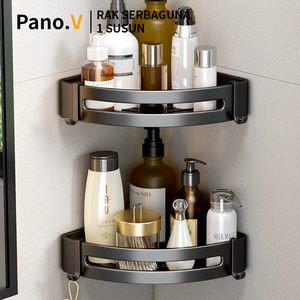 Pano.V Multi-Tier Aluminum Wall-Mounted Kitchen & Bathroom Rack Corner <b>Shower</b> Caddy Storage-Shelf With Hang <b>Hooks</b> for Hotels - Product Image 5
