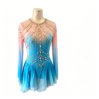 Robe de patinage et de danse pour enfants et adultes, dégradé rose et bleu, manches longues, chaîne dorée, strass au dos, pour compétition et spectacle de patinage sur glace