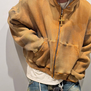 Sweat-shirt à capuche zippé pour homme en coton personnalisé, épais, thermique, coupe oversize, tricot gaufré, uni, style vintage, effet vieilli et délavé à l'acide - Product Image 2