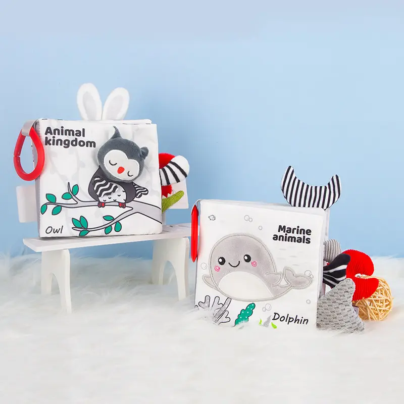 Venta al por mayor nuevo diseño lindo animal blanco y negro colas 3D sonidos sin rasgar paño sensorial muestra libro bebé juguetes de educación temprana