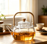 Théière en verre borosilicate avec poignée en bambou, verre transparent, compatible plaque de cuisson, infuseur amovible, résistante à la chaleur pour thé en vrac infusé
