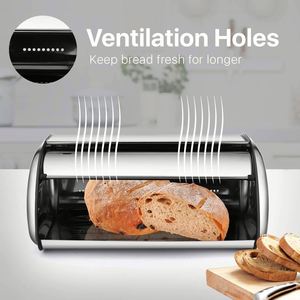 Dropshipping Shopify Caja de pan de acero inoxidable Soporte de metal Enrollar la tapa superior Contenedor de almacenamiento Bin Keeper - Product Image 2