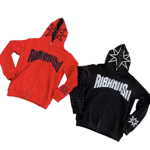 Sudadera con capucha OEM para hombre, estilo urbano, personalizada, 100% algodón, felpa francesa, extragrande, gruesa, con pedrería y cremallera completa - Product Image 1