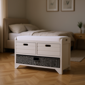 White Washed <b>Storage</b> <b>Bench</b> With 2 Drawers Removable Basket <b>Bedroom</b> Furniture Fully Assembled Modern Design - Product Image 2