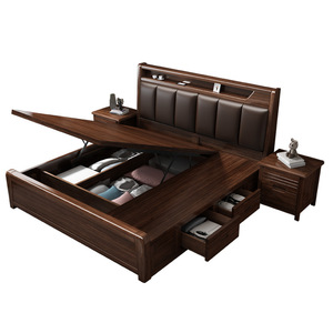 <b>Walnut</b> Solid Wood Storage Bed 1.8m Modern Minimalist Double Bed With Upholstered Headboard For Master Bedroom - Product Image 5