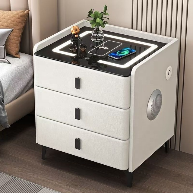 Small Apartments Modern Bedroom Furniture with Wireless Charging LED Light 3 Drawers Smart Bedside Nightstand