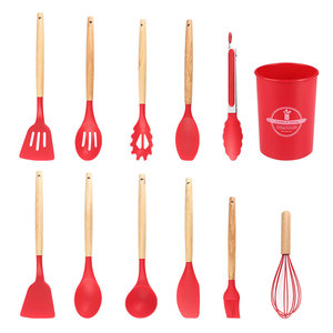 Ensemble d'ustensiles <span class=keywords><strong>de</strong></span> <span class=keywords><strong>cuisine</strong></span> <span class=keywords><strong>en</strong></span> <span class=keywords><strong>silicone</strong></span> sans BPA, non toxique, cuillère, spatule, tourne-broche, pinces, 12 pièces, manche <span class=keywords><strong>en</strong></span> bois - Product Image 3