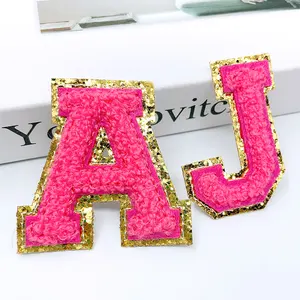 Wholesale Gold Sequin Border Towel Chenille Patches Sew Iron On Letter Chenille Patches For Hoodie