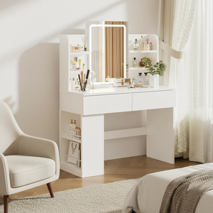 Coiffeuse blanche avec miroir et éclairage LED, deux tiroirs et un meuble d'appoint <span class=keywords><strong>pour</strong></span> chambre à coucher - Product Image 1