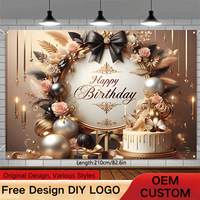Bannière personnalisée Joyeux Anniversaire 2,1x1,5m, Guirlande Dorée, Grand Nœud, Panneau de Fond Photo pour Décoration de Fête