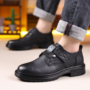 Men's Black Leather Casual Shoes With <b>Velcro</b> <b>Strap</b> Low Heel Rubber Sole Breathable For Leisure Wear - Product Image 1