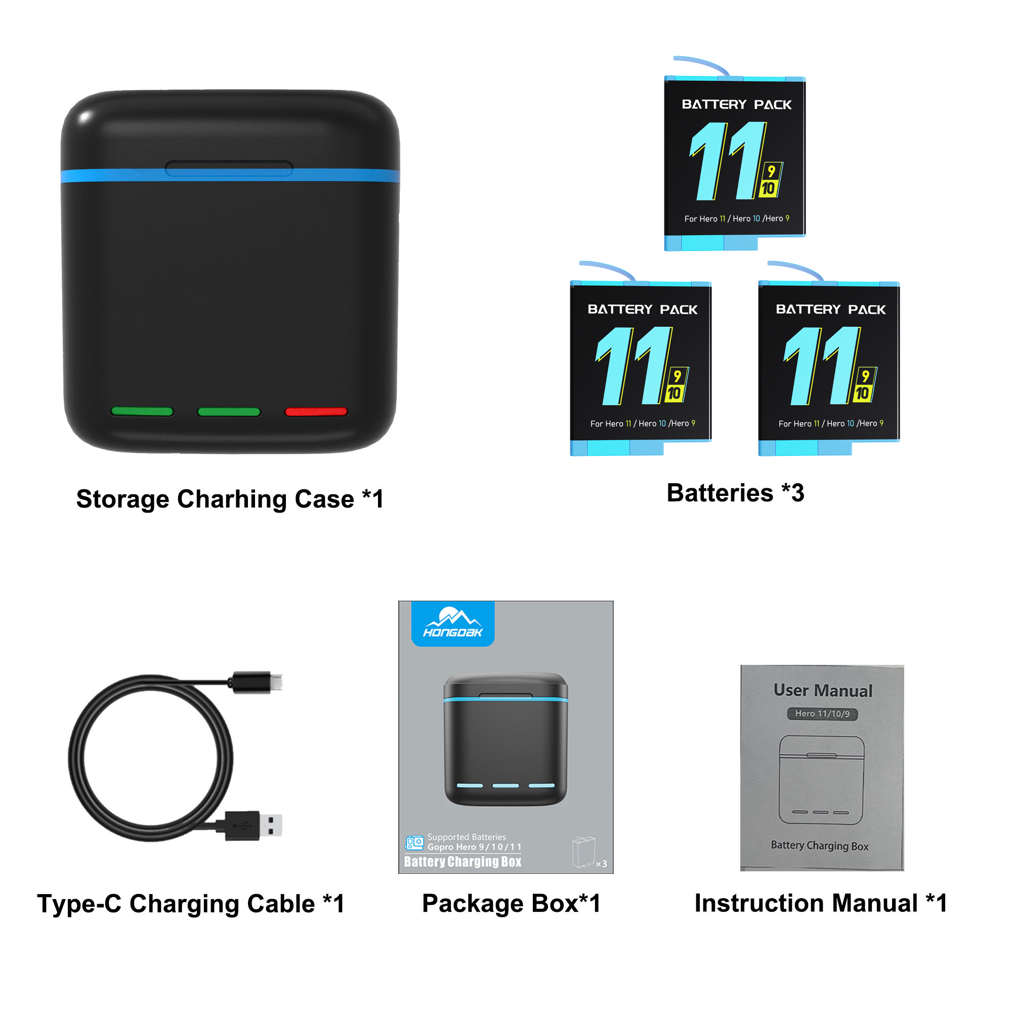 Hongdak Three-charge Storage Battery Box Set Camera for gopro Battery Charger Suitable for Gopro 11/10/9