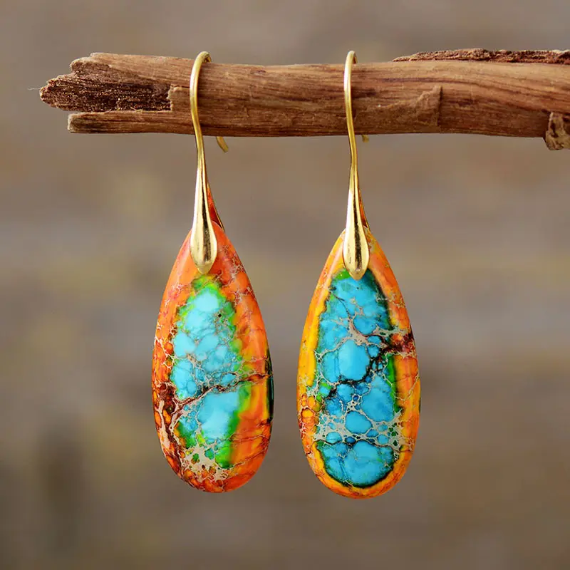 Anting-anting Juntai Batu kaisar Bohemia baru, anting-anting Juntai batu permata mentah alami, batu mulia alami, kuning, Imperial Jasper, untuk wanita