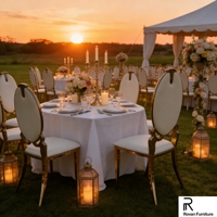 Chaise de mariage ovale dorée de luxe avec dossier, revêtement en velours blanc, structure métallique pour banquets, hôtels et événements (location)