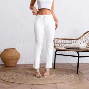 <b>White</b> Plus Size Women's Straight Leg Jeans <b>Cropped</b> Denim Cotton Medium Thickness Europe America Middle East Sales - Product Image 1