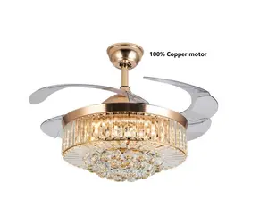 Middle East Gold Modern Arabic Retractable Chandelier Crystal Fancy Hidden Clear Blade Ceiling Fan With LED Light