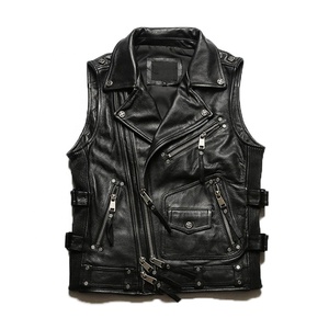 <span class=keywords><strong>Gilet</strong></span> en cuir véritable pour homme, veste sans manches en cuir de vache, veste de moto en polyester à <span class=keywords><strong>fermeture</strong></span> éclair diagonale personnalisée, mode extérieure - Product Image 3