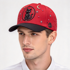 Gorra de Béisbol de 5 Paneles de Perfil Alto de Algodón Sarga con Bordado 3D en Relieve Negra para Decoración de Diamantes de Imitación de Estrellas, Lunas y Celestiales al por Mayor - Product Image 1