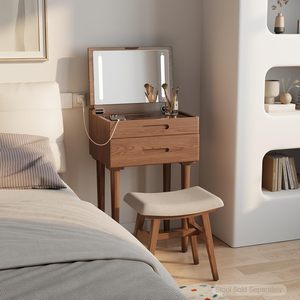Cómoda de Madera Maciza Estilo Moderno de Mediados de Siglo, Tocador con Tapa Abatible, Escritorio de Maquillaje Estrecho con Espejo Iluminado LED para Espacios Pequeños SZT012 - Product Image 1