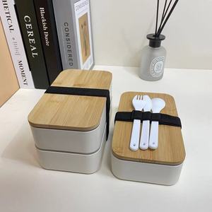 Hộp cơm trưa bằng nhựa hai lớp phủ tre, đơn giản, dễ vệ sinh, kèm dao, dĩa và thìa - Product Image 6