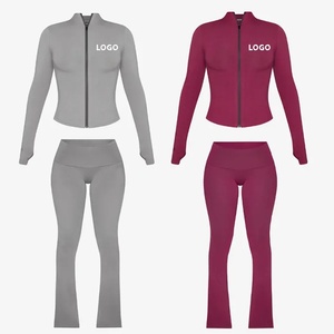 2025 donna Casual da palestra due pezzi body ricamato con <span class=keywords><strong>giacca</strong></span> con cerniera <span class=keywords><strong>e</strong></span> pantaloni da jogging a maniche lunghe con motivo solido - Product Image 2