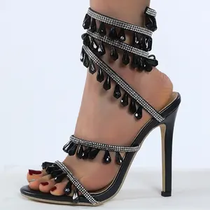 2023 New Designer Luxury Rhinestone Ankle Women's Stiletto Sandals Wedding Banquet High Heels