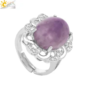 CSJA New Trendy Crystal Jewelry Healing Cabochon Bead Egg Shape Amethysts Pink Quartz Natural Stone Ring for Women Girls H339