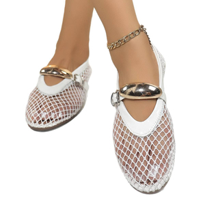 Chaussures plates d'été pour femmes, style ballerines, avec design en maille de pêche, fermeture à enfiler, boucle tendance, semelle intérieure en caoutchouc souple effet poupée - Product Image 1