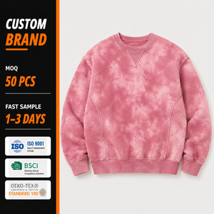 Sudadera unisex de cuello redondo personalizada, de alto gramaje, 400 GSM, de algodón, pana <span class=keywords><strong>y</strong></span> bambú, con refuerzo, panel en blanco para logotipo <span class=keywords><strong>y</strong></span> efecto tie-dye rosa - Product Image 1