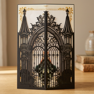 Carte d'invitation de mariage en dentelle noire découpée au laser, style château, en papier, style vintage européen, en stock - Product Image 2