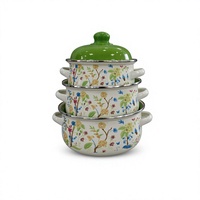 Vente directe usine – Ensemble de 3 casseroles à soupe en émail couleur kaki avec rebord argenté, couvercles en verre/émail, design classique durable, compatible gaz