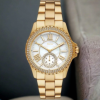 Montre de luxe pour femme MKOriginals en nacre, avec lunette en cristal festonné, sous-cadran, boîtier serti de diamants, étanche, chronographe doré