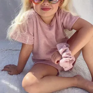 Wholesale Custom Kids Terry Towel Shorts Casual Pink Two Piece Set Tracksuit Children Fit Suit