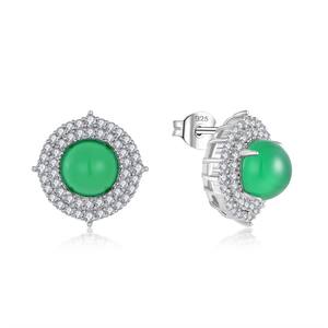 Boucles d'oreilles clous en argent sterling 925 avec calcédoine verte, cabochon rond, bijoux vintage pour femme, cadeau - Product Image 1