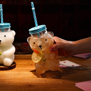 Đa-màu hat 20oz nước giải khát kính chịu nhiệt Dễ thương Gấu Glass <span class=keywords><strong>cup</strong></span> với rơm - Product Image 3