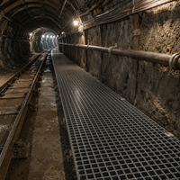 Grille de sécurité en PRV pour tunnel minier, antidérapante, ignifuge, en fibre de verre, couverture de passerelle découpée et extrudée pour tunnel souterrain