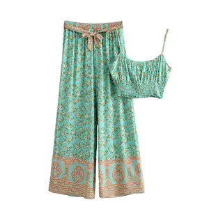 T160 Nieuwe Zomer Nieuwste Groene Kleur Tiny Bloemen Elastische Taille Wijde Pijpen Tank Tops Set Vrouwen Bohemian Kleding Set