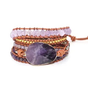 Adjustable Rope 5 Multilayer Natural Crystal Agate Turquoise Stone Wrap Bracelet Slipknot Amethyst Bracelet for Men for Women