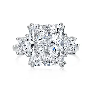 925 Sterling Silver Rhodium Big Three Stone 12*10mm Cubic Zirconia Crushed Ice Radiant Cut Engagement Ring