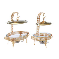 Réchaud de buffet rond en acier inoxydable 3.0L avec brûleur à alcool en verre à motif dentelle dorée, couvercle de chafing dish de luxe léger pour hôtel