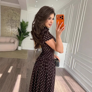 Summer Elegant Women's Polka <strong>Dot</strong> Spliced Short Puff Sleeve Stand Collar Hollow-out Slim Fit High Waist Pleated A-<strong>line</strong> <strong>Maxi</strong> <strong>Dress</strong> - Product Image 6