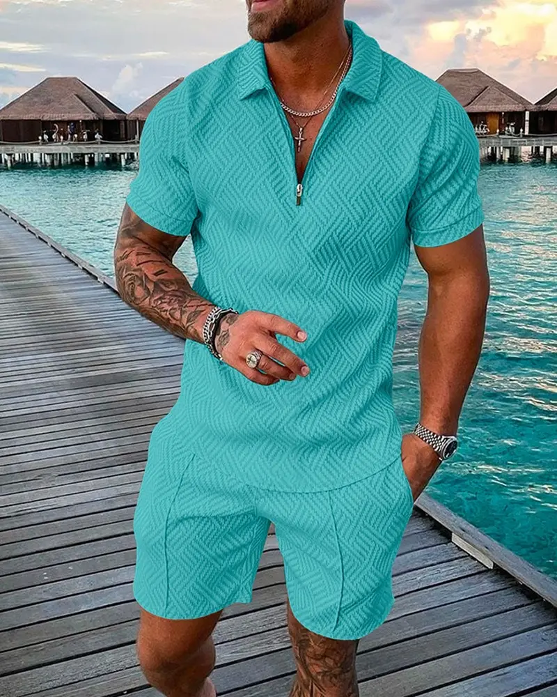 Nuovi abiti da Jogging Casual da uomo all'ingrosso contrasto di colore POLO cerniera bavero tuta da uomo Set di tute da uomo 2 pezzi Set di pantaloncini