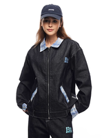 Veste en jean patchwork à carreaux en détresse technique lavée vintage pour femmes haut Streetwear à revers ample pour l'hiver et l'automne