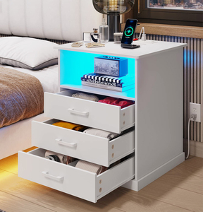 Phòng khách hiện đại cao Trắng Led giường bên cuối bảng cạnh giường ngủ 3 ngăn kéo đầu giường màu đen với cổng Trạm Sạc - Product Image 4