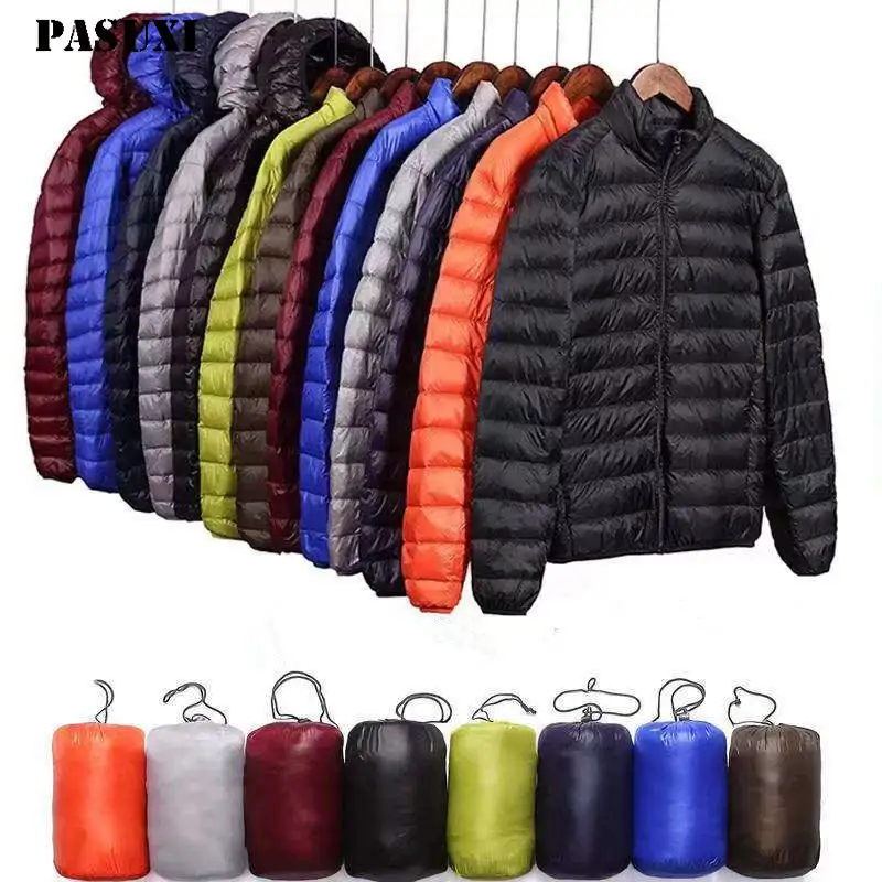 PASUXI Cheap Light Warm Duck Feather Custom Logo Nylon Black Hooded Winter Bubble Puff Filled Down Puffer Jackets Coat For Men