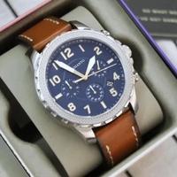 Montre chronographe à quartz pour homme, cadran bleu, chiffres arabes, lunette moletée, bracelet en cuir marron, date, montre sport pour homme