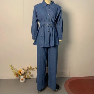 Nuevo Conjunto Casual de 2 Piezas para Mujer, Jeans de Pierna Ancha y Camiseta de Manga Larga de Mezclilla, a la Moda - Product Image 2