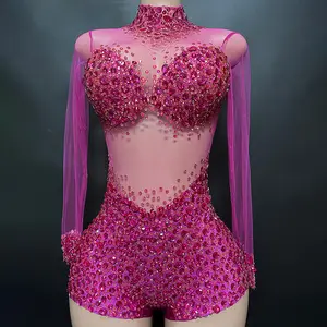 NOVANCE eco friendly products 2023 rose red high neck sparkling diamonds one piece jumpsuit romper for club bar party stage