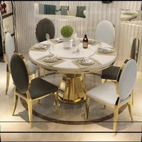 China Luxus runder Esstisch Gold Edelstahl Basis Esstisch mit Plattenspieler 4/6/8 Sitzplätze Marmor Esstisch Set